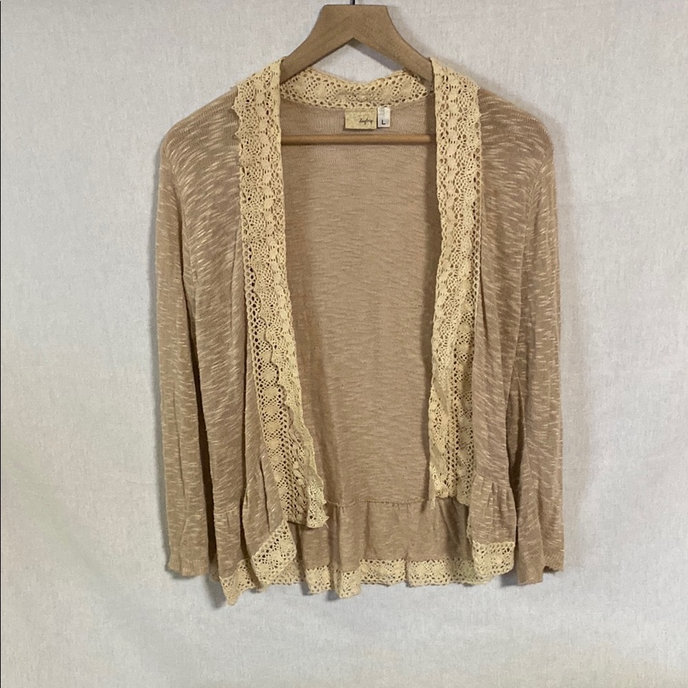 Women's Tan Sweater with Lace Trim Large 100% Rayon Made in USA Good Condition